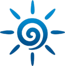 Logo abstrait bleu évoquant un soleil et une spirale centrale, symbole d’amélioration continue et de pilotage des systèmes de management QSE RSE ISO 9001, ISO 14001 et ISO 20121