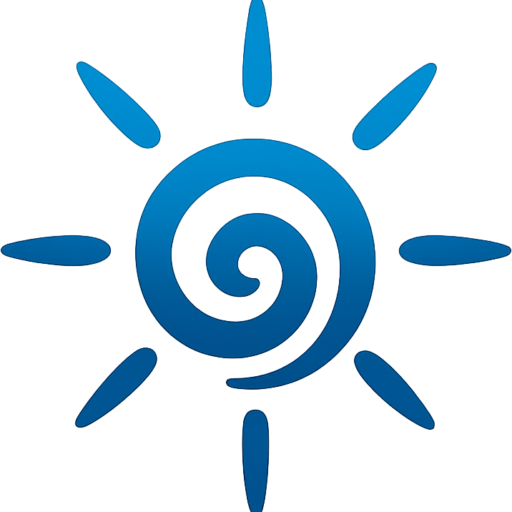 Logo abstrait bleu évoquant un soleil et une spirale centrale, symbole d’amélioration continue et de pilotage des systèmes de management QSE RSE ISO 9001, ISO 14001 et ISO 20121